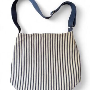 PEERIEGAL Blue & cream ticking striped canvas shoulder bag w/adjustable strap.